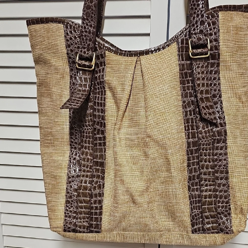 Vintage Estee Lauder Beige Canvas Tote with Brown Croc-Embossed Trim